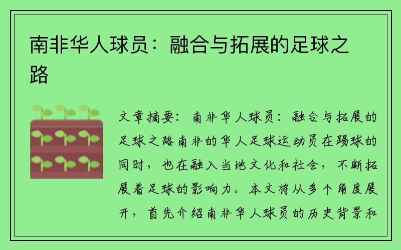 南非华人球员：融合与拓展的足球之路