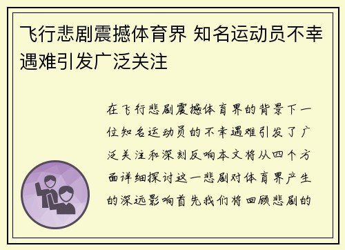 飞行悲剧震撼体育界 知名运动员不幸遇难引发广泛关注